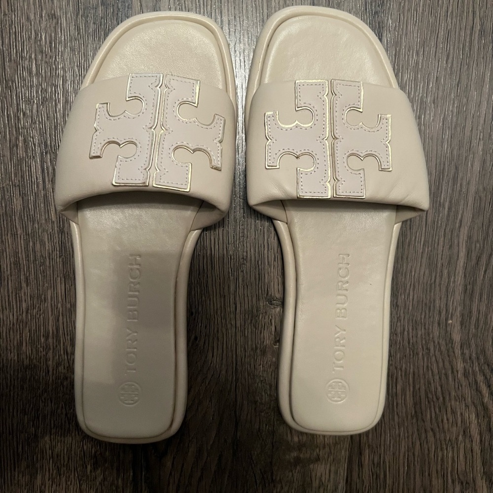Tory burch double t sport slides leather